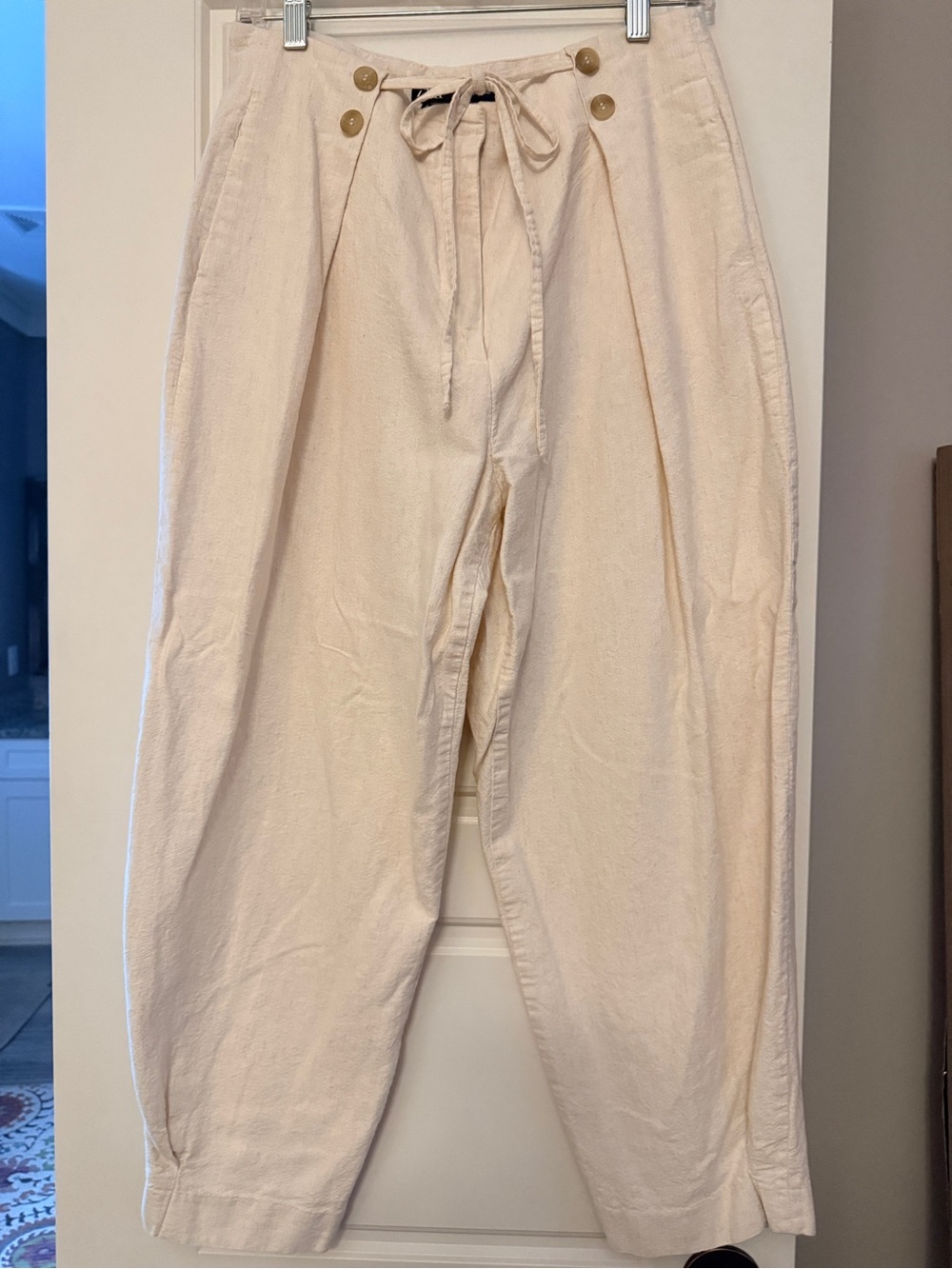 Zara Cream Drawstring Linen-Blend Casual Chinos
